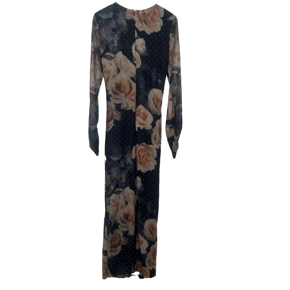 Quiz Gothic Dark Floral Midi Dress NEW Size 10 Ruched Sheer Sparkle Brown Black - Picture 11 of 16